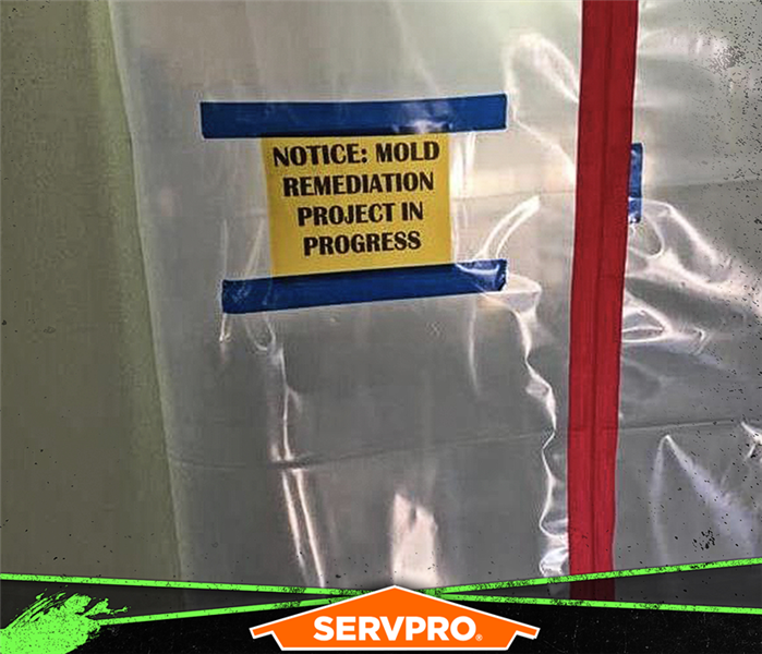 Hanging plastic protective barrier with a sign "NOTICE: MOLD REMEDIATION PROJECT IN PROGRESS