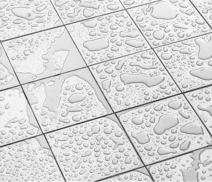 water puddling on white tiled floor
