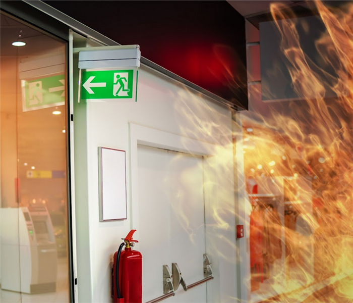 a shop on fire with flames at the door