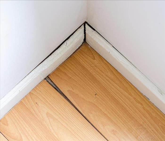 water damage to plank flooring in corner